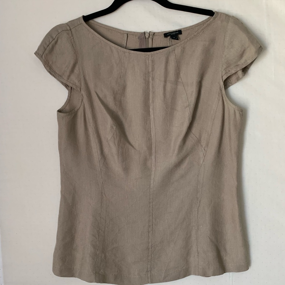 Ann Taylor, Linen blouse size 8 cap sleeves taupe. Invisible zipper in back